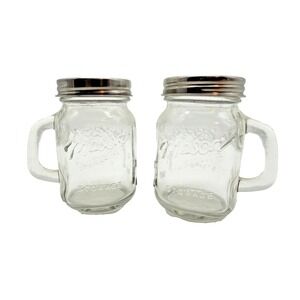 Clear Glass Mini Mason Jar Mug Salt & Pepper Shakers Metal Lids Farmhouse